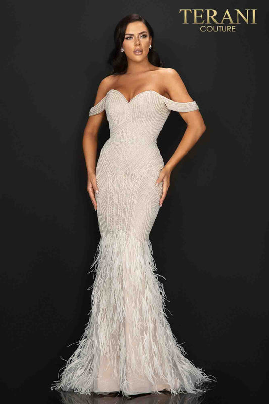 Sexy off shoulder pageant gown with pearls beading and feathered skirt-2011GL2175
