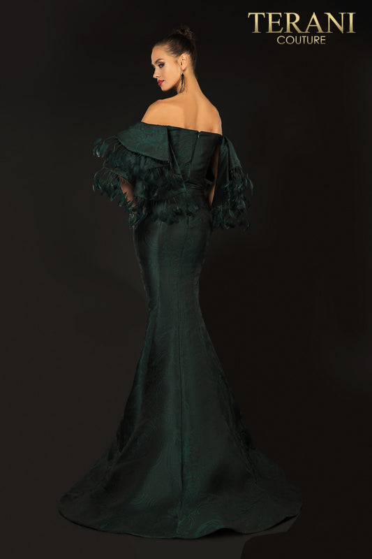 Evening Tonal Jacquard, Off Shoulder Feather Trim - 2021E2796