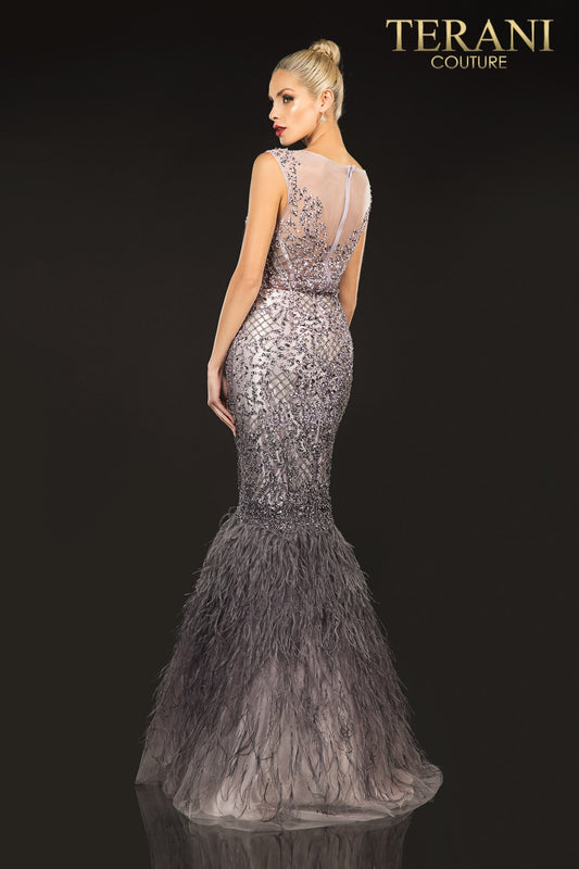 Blush Mauve Feather Illusion Neck Ombre Dress - 2021GL3577