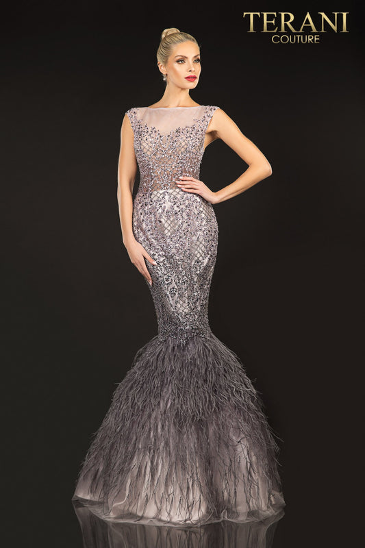 Blush Mauve Feather Illusion Neck Ombre Dress - 2021GL3577