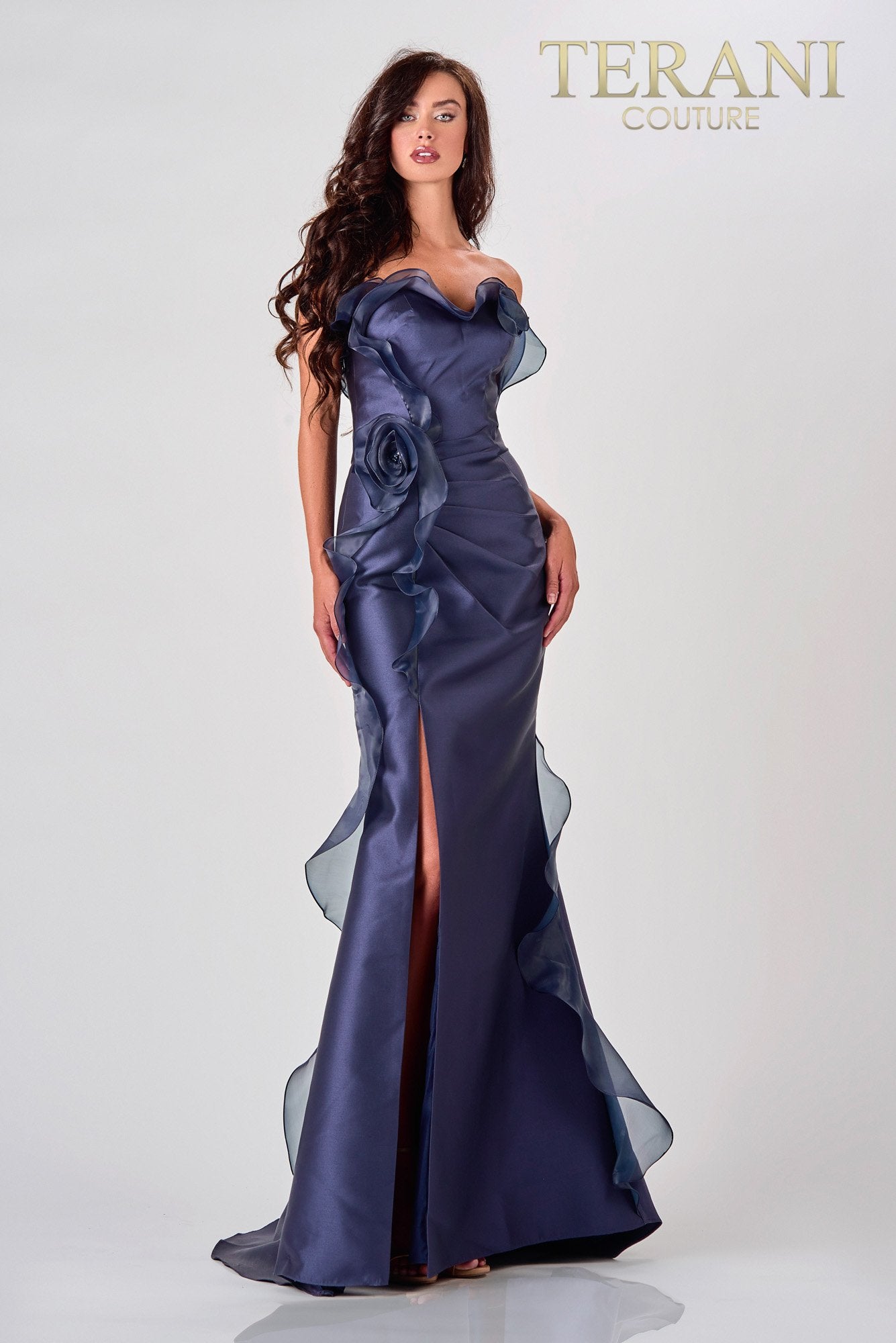 Elegant Navy Evening Dress With Frills - 2111E4743 Navy / 14 Elegant Navy Evening Dress With Frills - 2111E4743 Navy / 14
