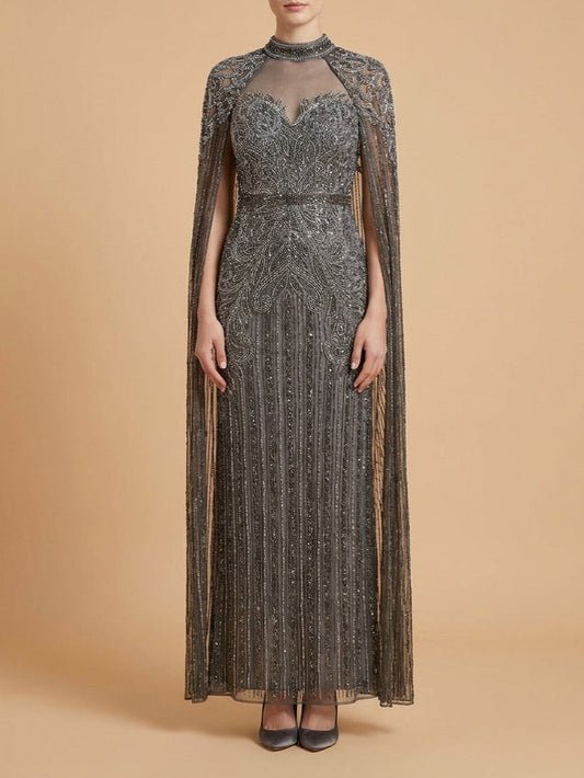 High Neck Beaded Dress with Long Cape | 28834