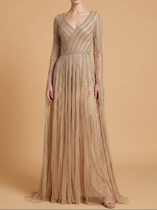 Vestido con cuello en V y cuentas con mangas de capa largas | 28835