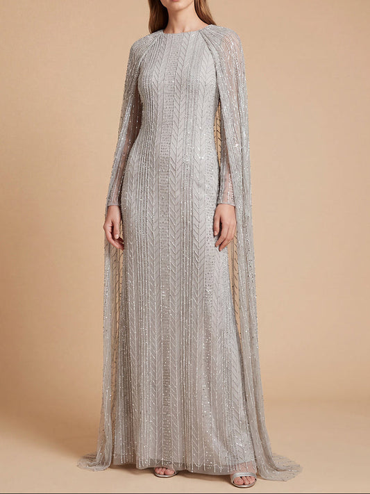High Neck Linear Beaded Dress with Long Cape | 28837