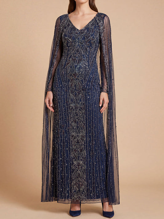 V-Neck Linear Beaded Dress with Long Cape | 28838