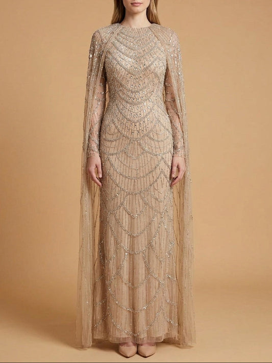 High Neck Beaded Dress with Long Cape | 28840
