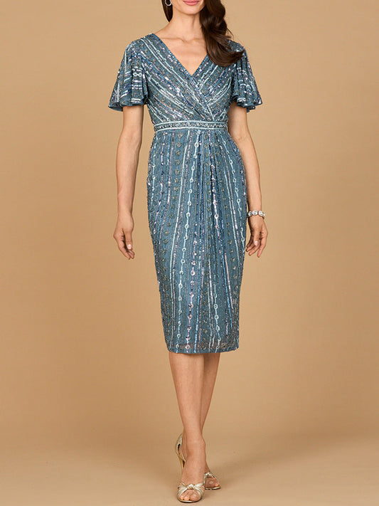 Beaded Midi Dress with Flutter Sleeves