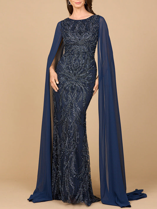 High Neck Gown with Chiffon Cape Sleeves