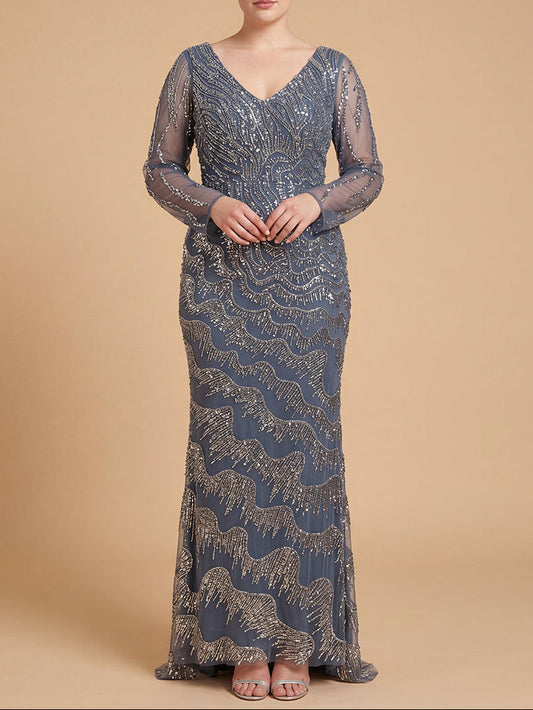 Long Sleeve V-Neck Sheath Gown | Lara 28949