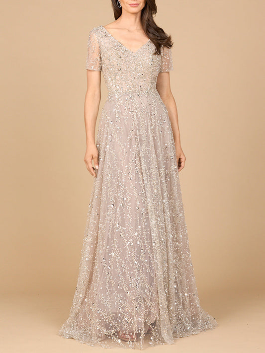 Short Sleeve V-Neck Beaded Ballgown