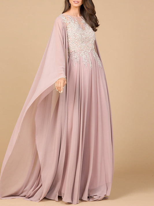 Chiffon A-line Long Gown with Cape Sleeves