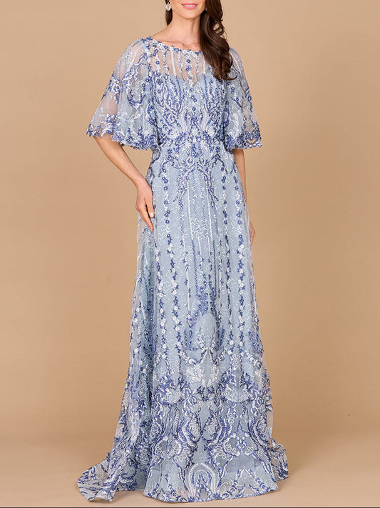 Vestido de corte en A con mangas tipo capa y bordados
