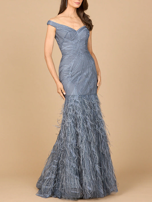 Off Shoulder Mermaid Beaded Gown with Feathers