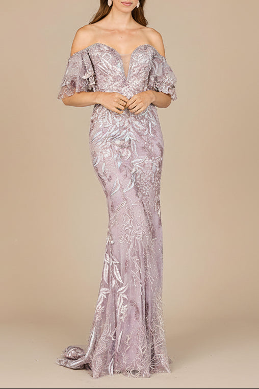 Vestido de encaje corte sirena con hombros descubiertos | 29000