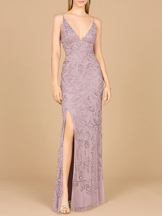 Vestido de gala adornado con abertura y tirantes finos - OUTLET