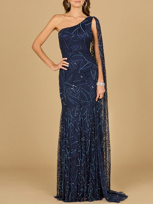 One Shoulder Cape Gown