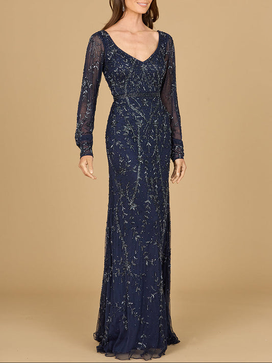 V-Neck Beaded Gown with Sleeves | 29120