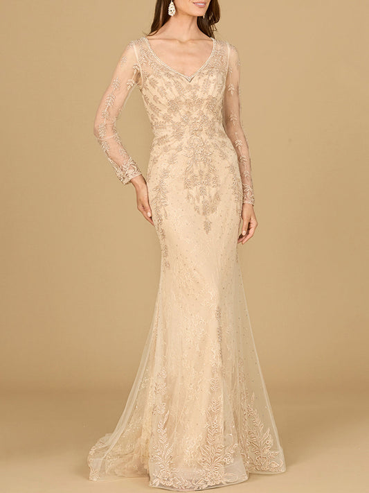 Vestido sirena de encaje con manga larga