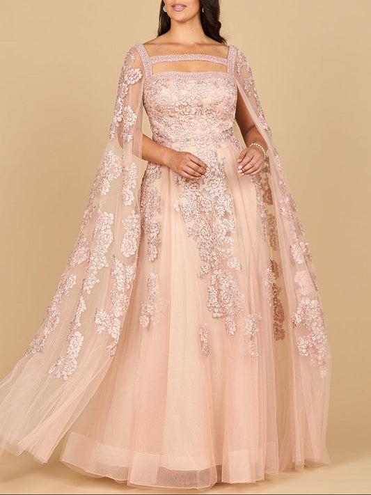 Vestido de encaje bordado con mangas de capa largas
