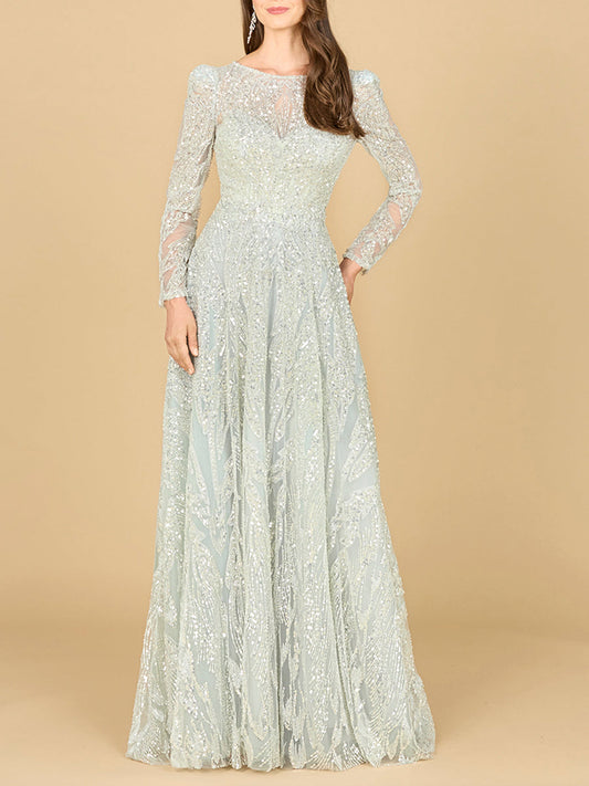 Long Sleeve Beaded Lace Gown