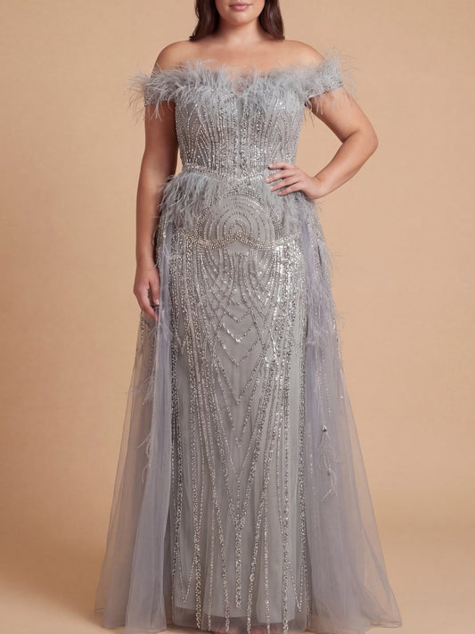 Off Shoulder Gown with Feathers | 29161