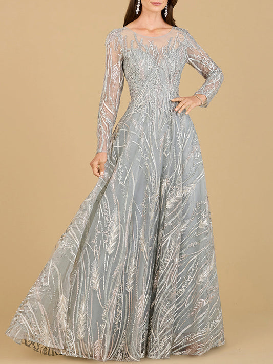 Vestido de manga larga con cuello ilusión