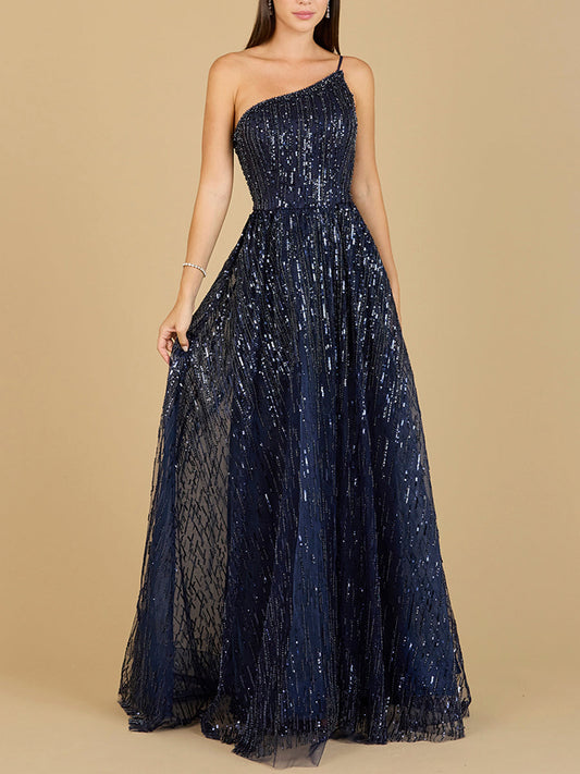Vestido de gala azul marino de un solo hombro