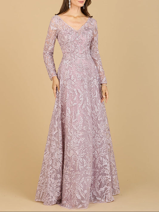 A-line Gown With Long Sleeves, V-Neckline