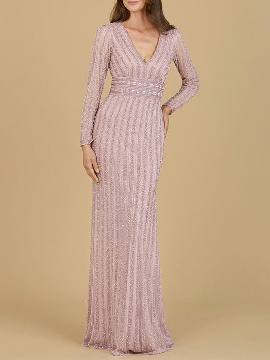 Vestido largo de manga larga con cuello en V y pedrería | 29203 - OUTLET