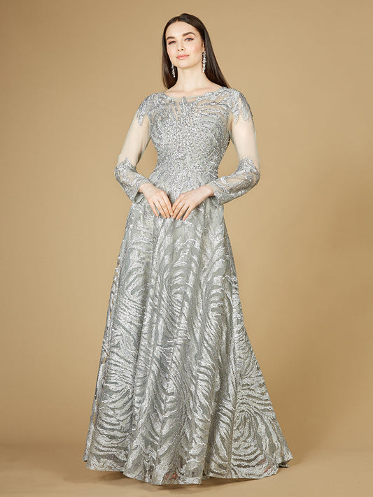 Vestido de gala de encaje con mangas largas transparentes y cuello alto - OUTLET