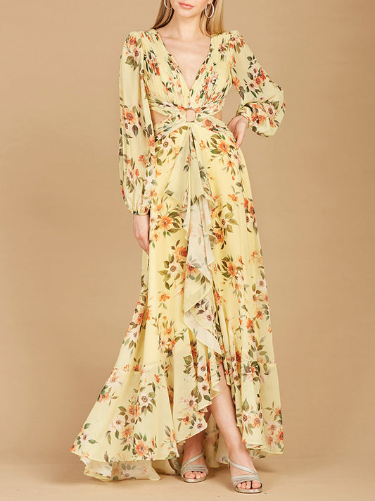 Long Sleeve V-Neck, Layered Skirt Print Dress- OUTLET