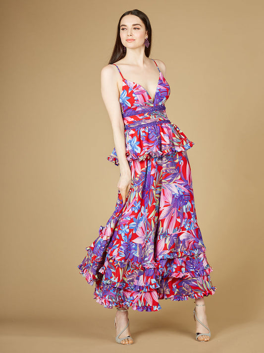 Ruffle Skirt Printed Gown - OUTLET