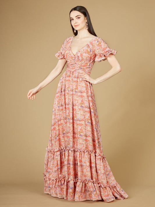 Long Print Gown with Cap Sleeves - OUTLET