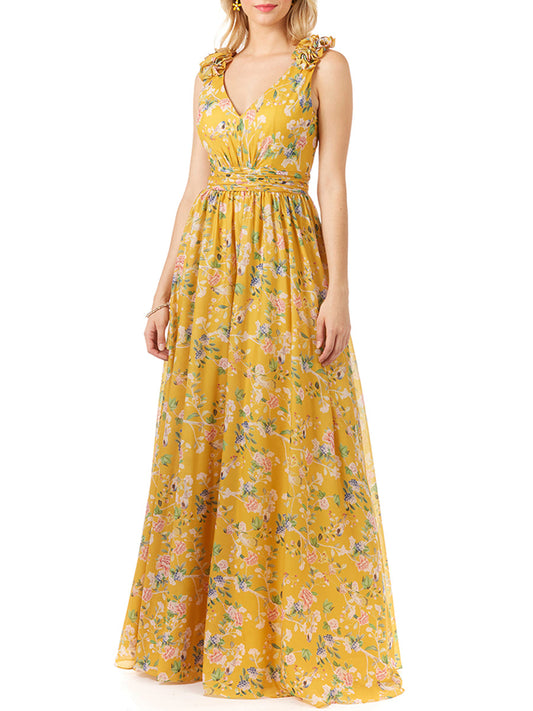 Vestido largo estampado con cuello en V y tirantes