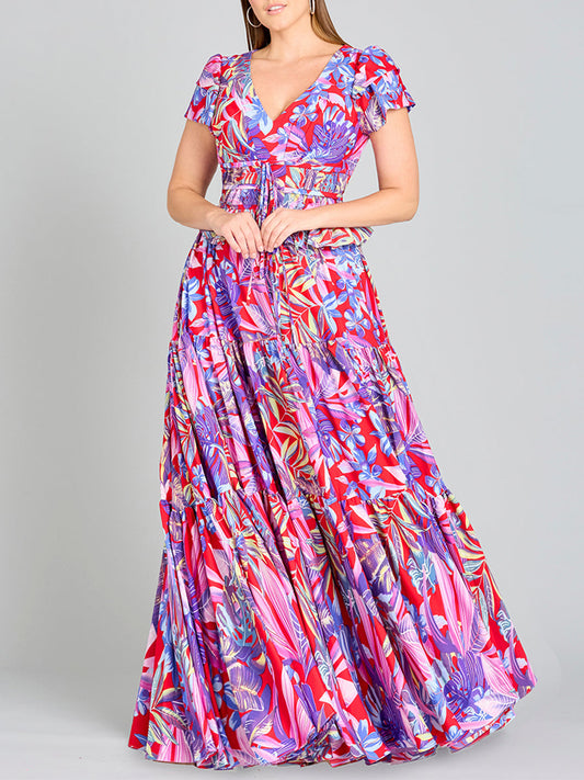Vestido largo estampado con escote en V y mangas casquillo - OUTLET