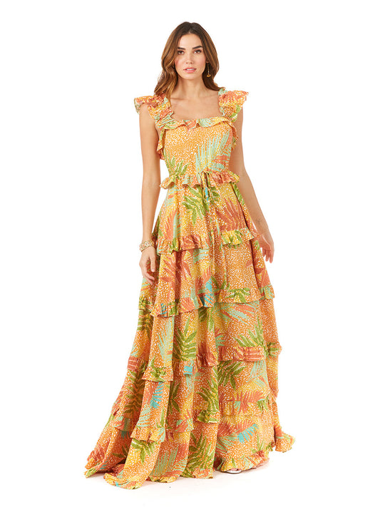 Ruffle Printed Gown with Straps OUTLET