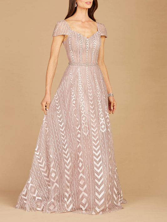Vestido de gala de encaje con cuentas y manga corta