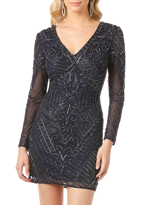 Long Sleeve V-Neck Beaded Cocktail Dress in Navy