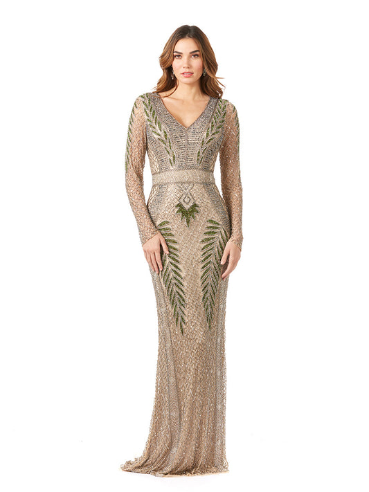 Long Sleeve Contrast Beaded Gown