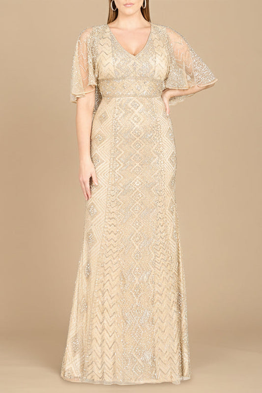 Lara 29397 - Cape Sleeve V-Neck Beaded Gown - OUTLET
