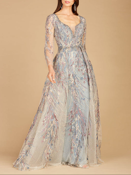 Long Sleeve Contrast Embroidered Gown with Overskirt