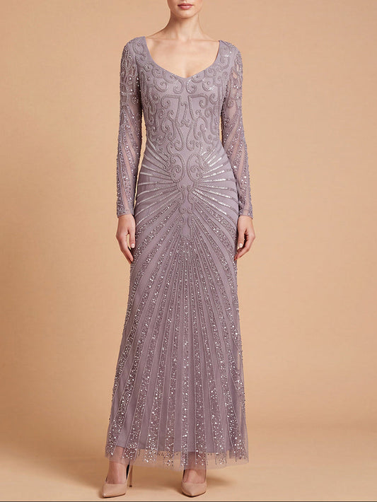 Lara 29602 - Vestido largo de manga larga con cuello en V y pedrería