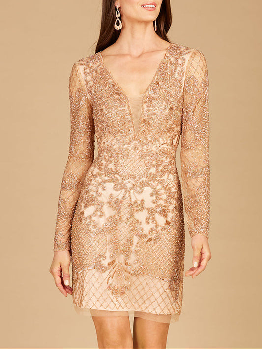 Lara 29610 - Long Sleeve Beaded Cocktail Dress