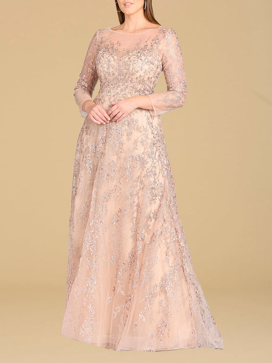 Lara 29677 - Vestido largo de corte evasé con escote ilusión y mangas largas
