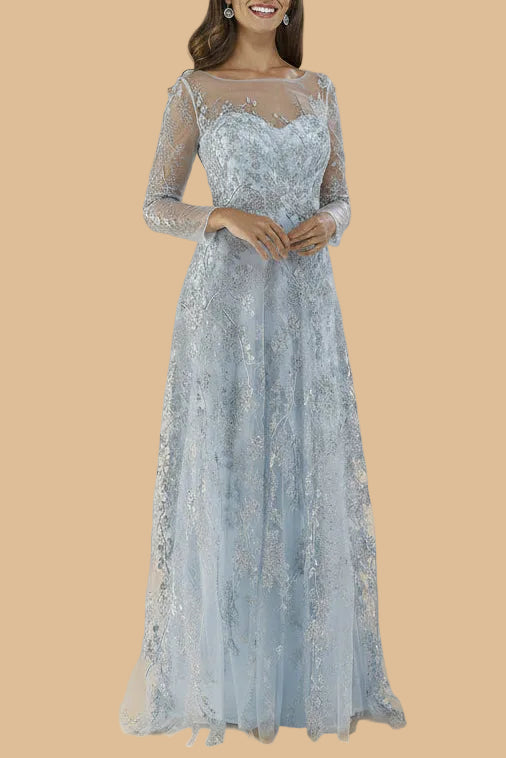 Lara 29677 - Vestido largo de corte evasé con escote ilusión y mangas largas