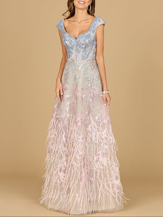 Cap Sleeves Feather Detail Ballgown | 29783