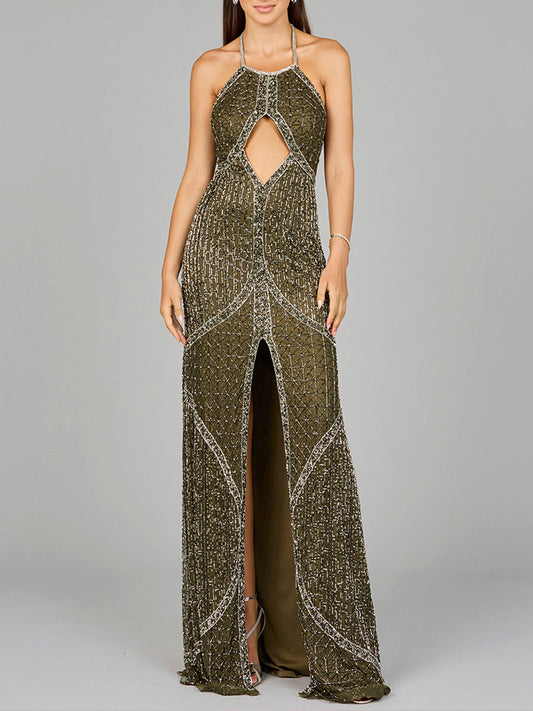 Vestido largo de cuello halter con abalorios y diseño simétrico - OUTLET
