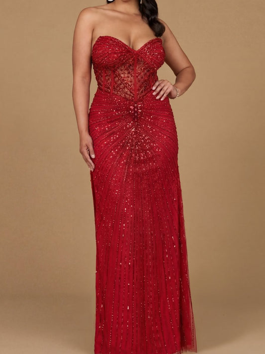 Vestido largo palabra de honor con adornos y abertura | 9953
