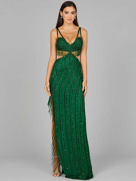 Cutout Beaded Gown with Fringes