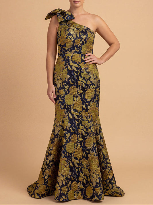 One Shoulder Mermaid Brocade Gown with Bow | 400019